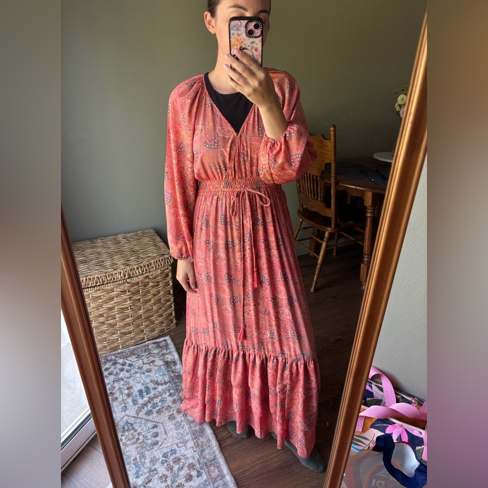 Paisley Ruffle Maxi Dress in Coral
